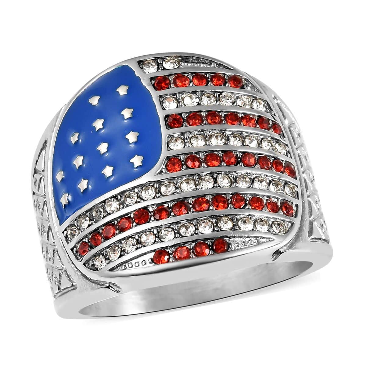 Red and White Austrian Crystal American National Flag Pattern Ring in Stainless Steel (Size 6.0) image number 0