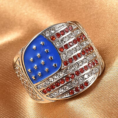 Red and White Austrian Crystal American National Flag Pattern Ring in Stainless Steel (Size 6.0)