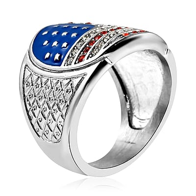 Red and White Austrian Crystal American National Flag Pattern Ring in Stainless Steel (Size 6.0)