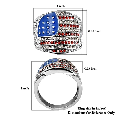 Red and White Austrian Crystal American National Flag Pattern Ring in Stainless Steel (Size 6.0)