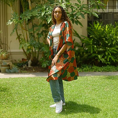 Winlar Orange Circle Satin Open-Front Duster Kaftan (One Size Fits up to 3X)