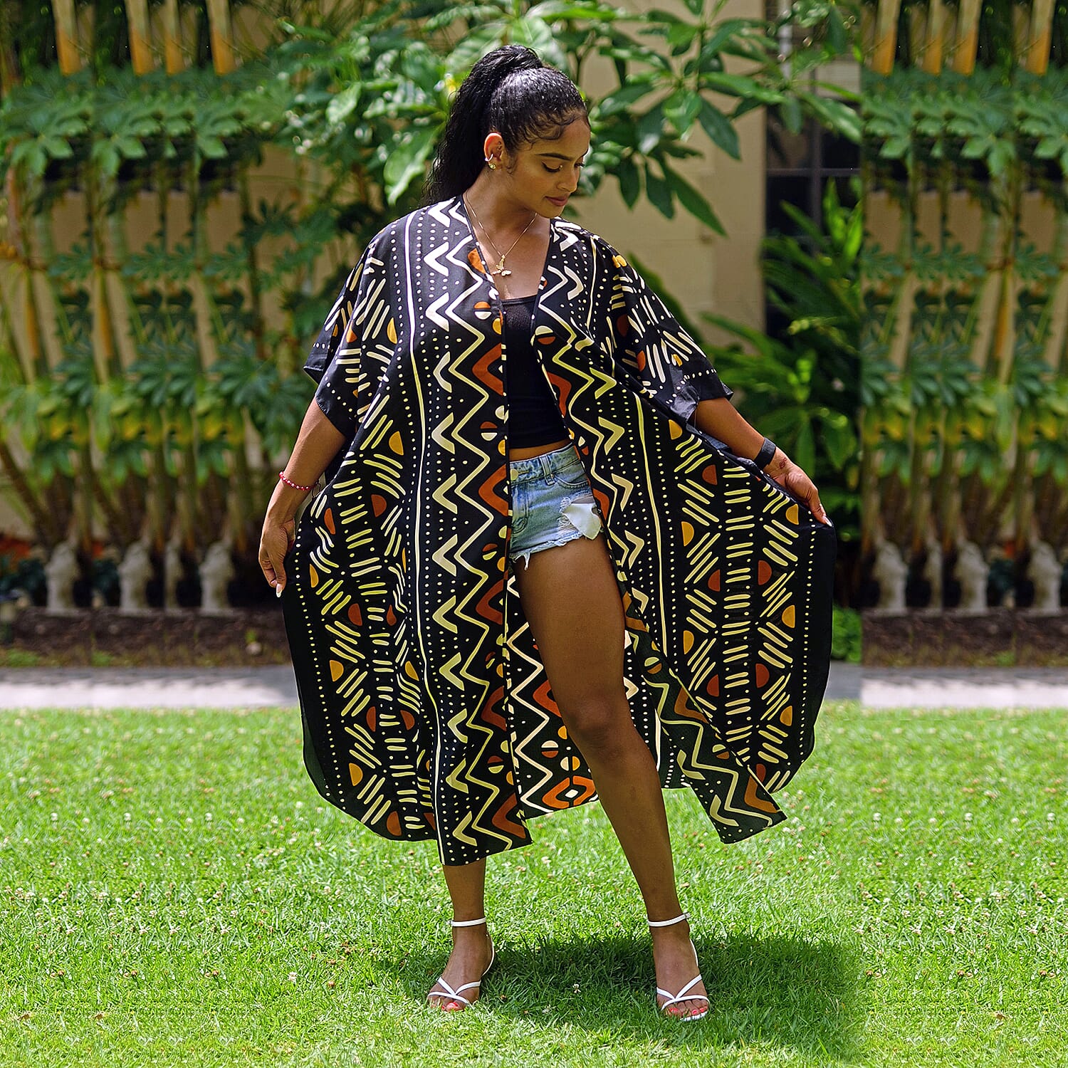 Winlar Black Geometric Microfiber Open-Front Duster Kaftan (One Size Fits up to 3X)