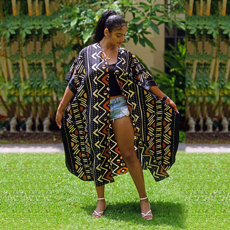Winlar Black Geometric Microfiber Open-Front Duster Kaftan (One Size Fits up to 3X)