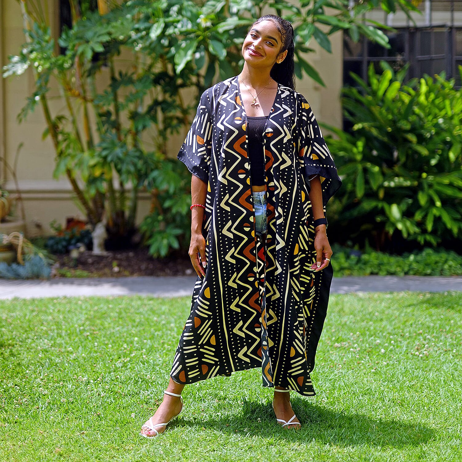 Winlar Black Geometric Microfiber Open-Front Duster Kaftan (One Size Fits up to 3X)