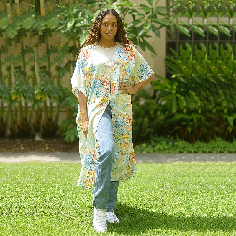 Winlar Multi Color Floral Microfiber Open-Front Duster Kaftan (One Size Fits up to 3X)