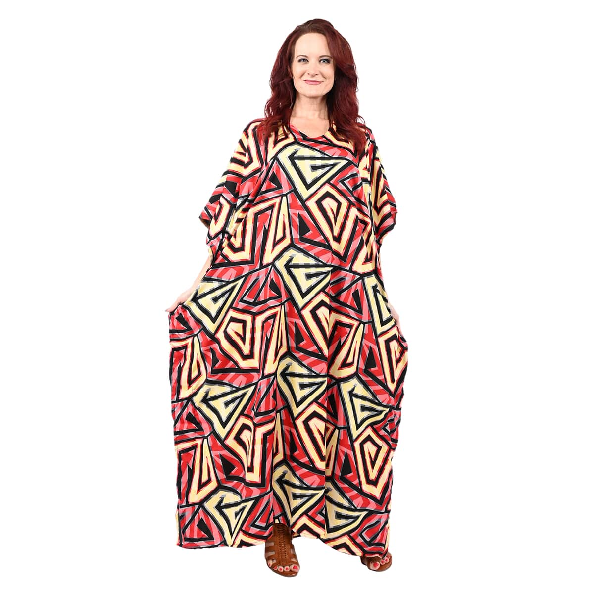 Winlar Red Triangle Print V-Neck Long Microfiber Kaftan Dress - One Size Fits Most, Holiday Dress, Swimsuit Cover Up, Beach Cover Ups, Holiday Clothes image number 0