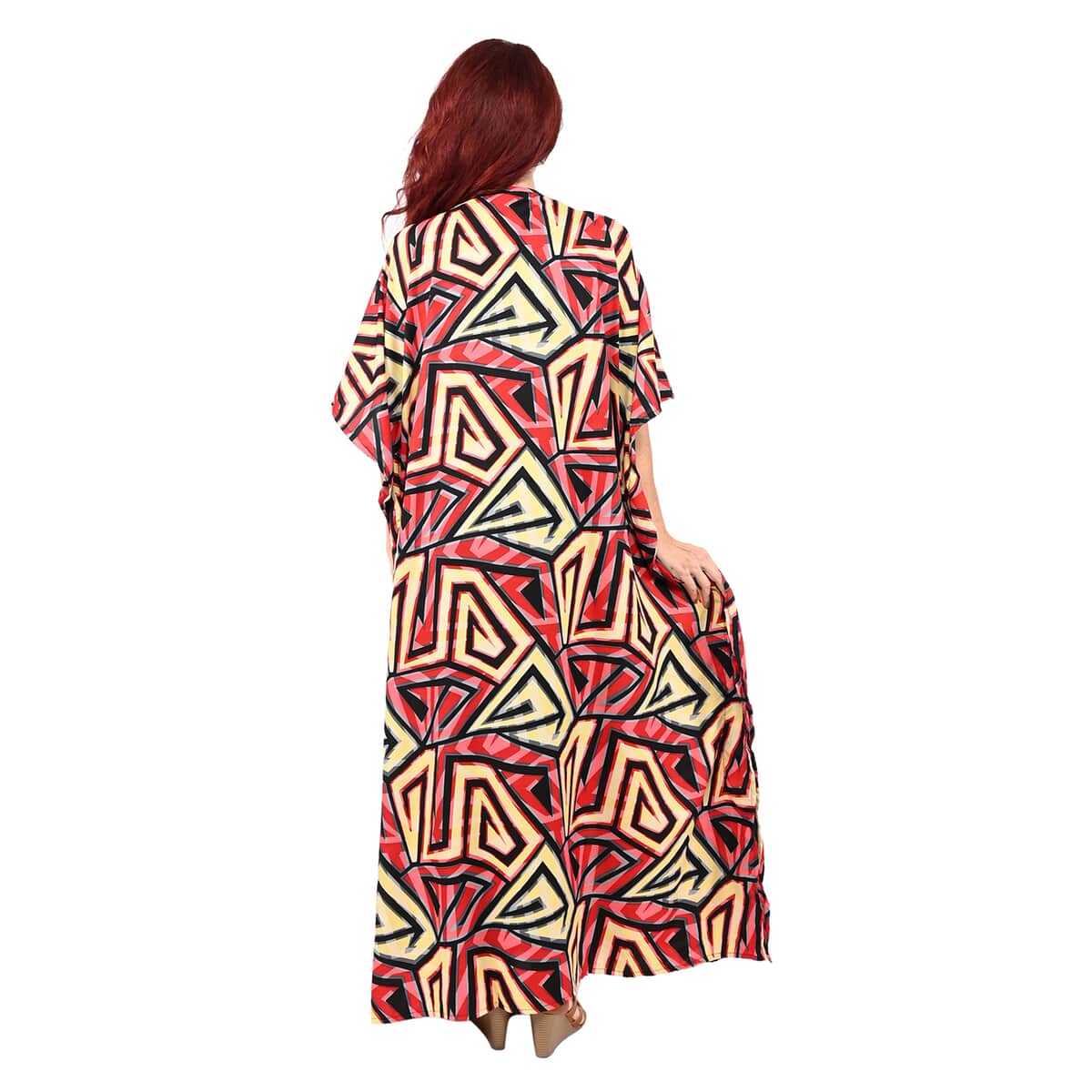 Winlar Red Triangle Print V-Neck Long Microfiber Kaftan Dress - One Size Fits Most, Holiday Dress, Swimsuit Cover Up, Beach Cover Ups, Holiday Clothes image number 1