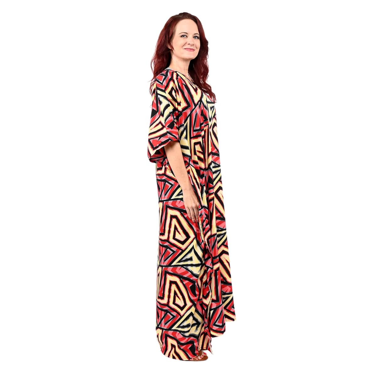 Winlar Red Triangle Print V-Neck Long Microfiber Kaftan Dress - One Size Fits Most, Holiday Dress, Swimsuit Cover Up, Beach Cover Ups, Holiday Clothes image number 2