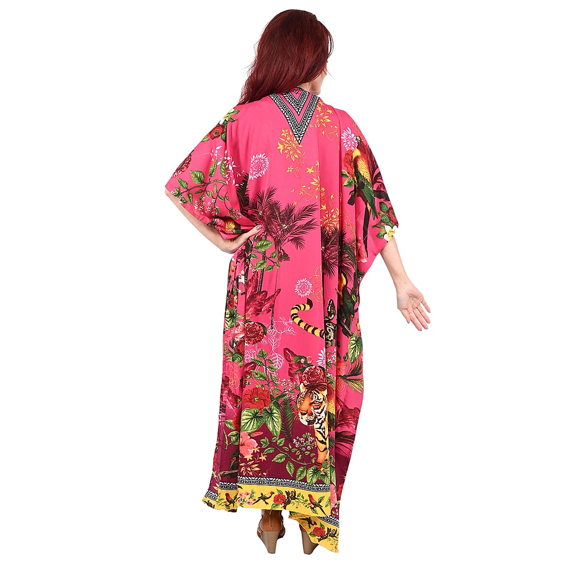 Winlar Pink Tiger Print V-Neck Long Microfiber Kaftan Dress - One Size Fits Most | Holiday Dress | Swimsuit Cover Up | Beach Cover Ups | Holiday Clothes image number 1