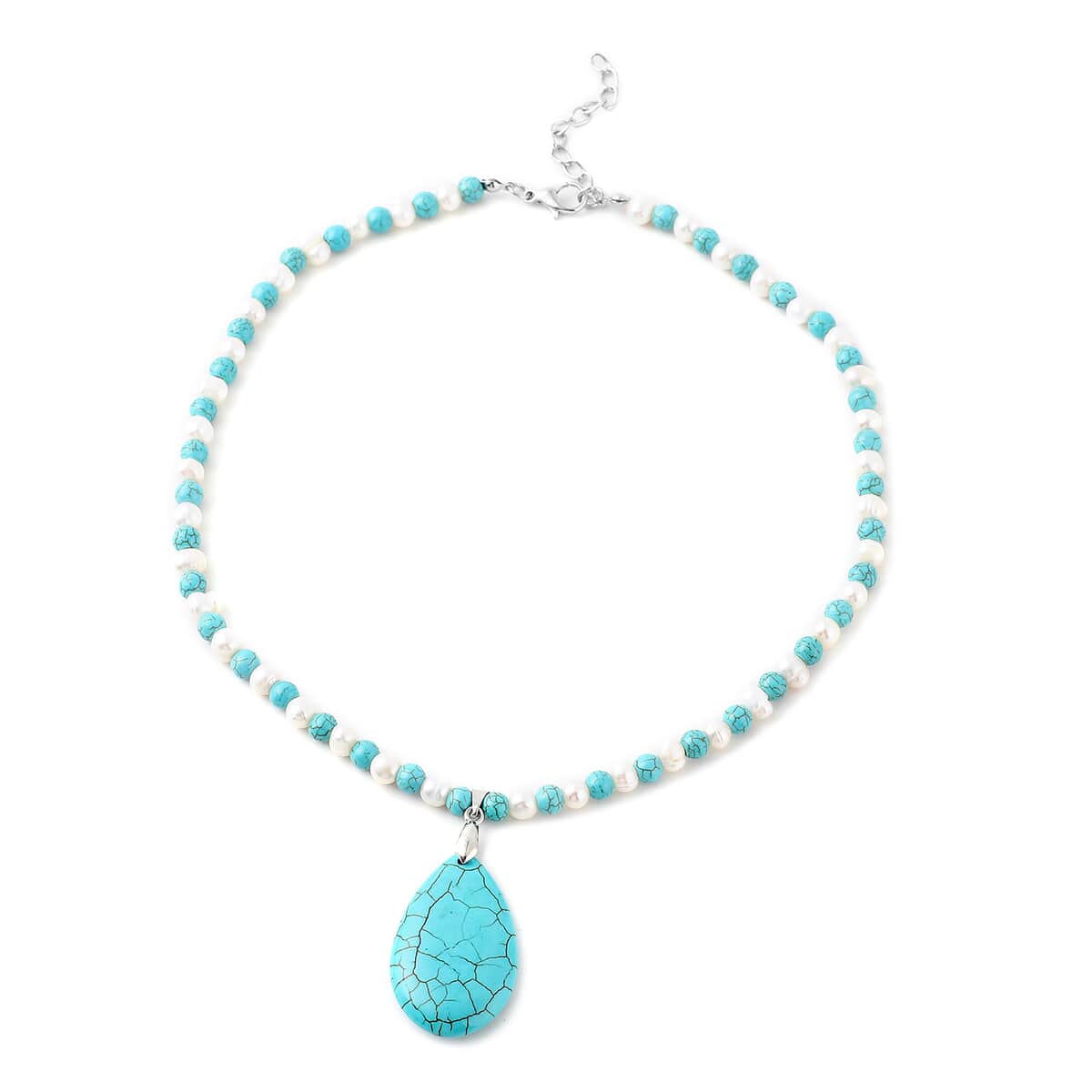 Blue Howlite and White Freshwater Pearl Beaded Necklace 18-20 Inches in Silvertone 115.00 ctw image number 0