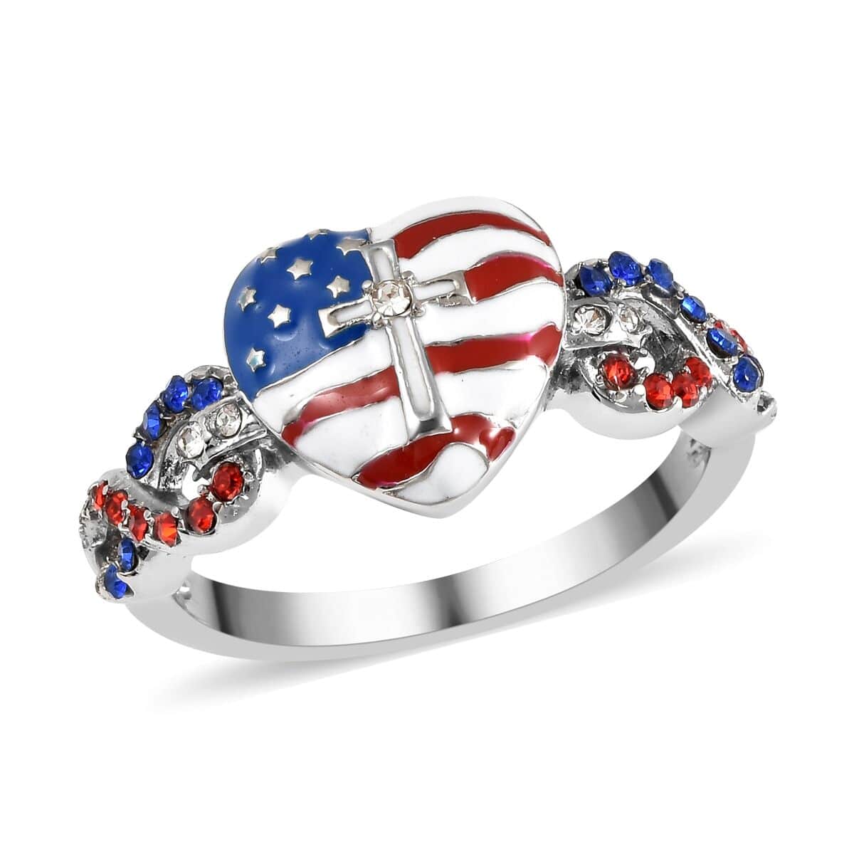 Blue and Red Color Austrian Crystal, Enameled US flag Pattern Infinity Loop Ring in Stainless Steel (Size 10.0) image number 0