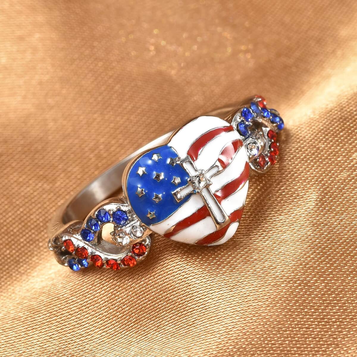 Blue and Red Color Austrian Crystal, Enameled US flag Pattern Infinity Loop Ring in Stainless Steel (Size 10.0) image number 1