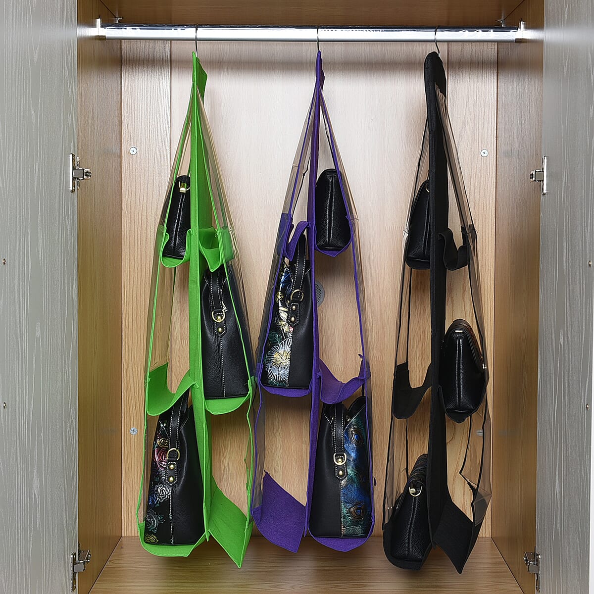 Set of 3 Purple, Black and Green Non-Woven Hanging Storage Bag with Large Clear Window image number 1