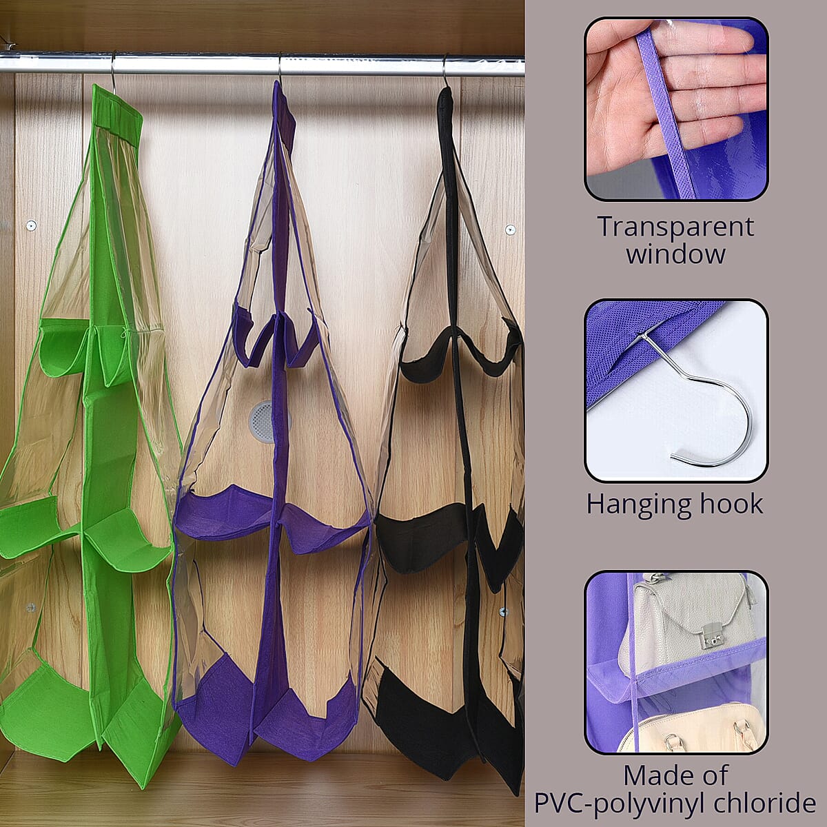 Set of 3 Purple, Black and Green Non-Woven Hanging Storage Bag with Large Clear Window image number 2