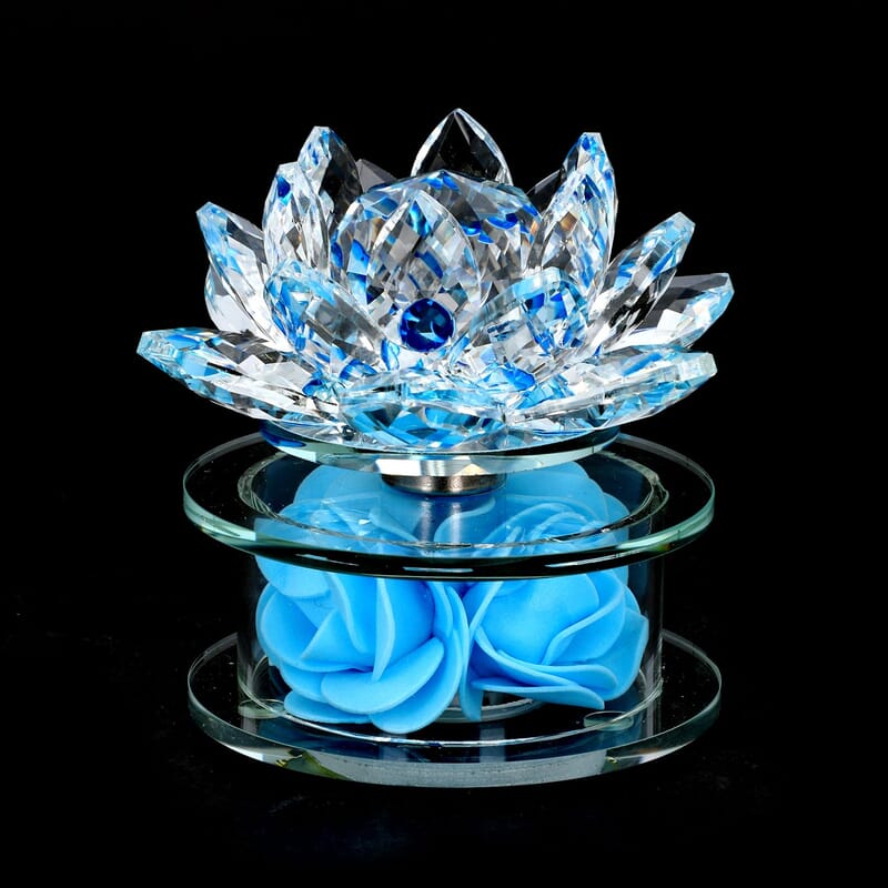 Blue Crystal Lotus Flower in Rotating Base with Multi Color Led Light