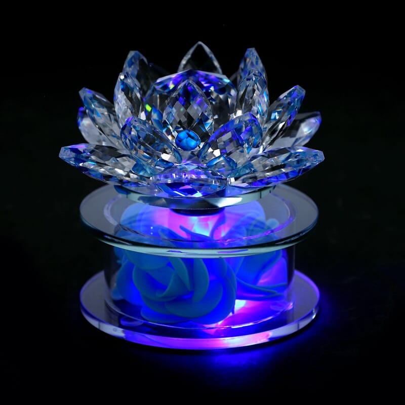 Blue Crystal Lotus Flower in Rotating Base with Multi Color Led Light