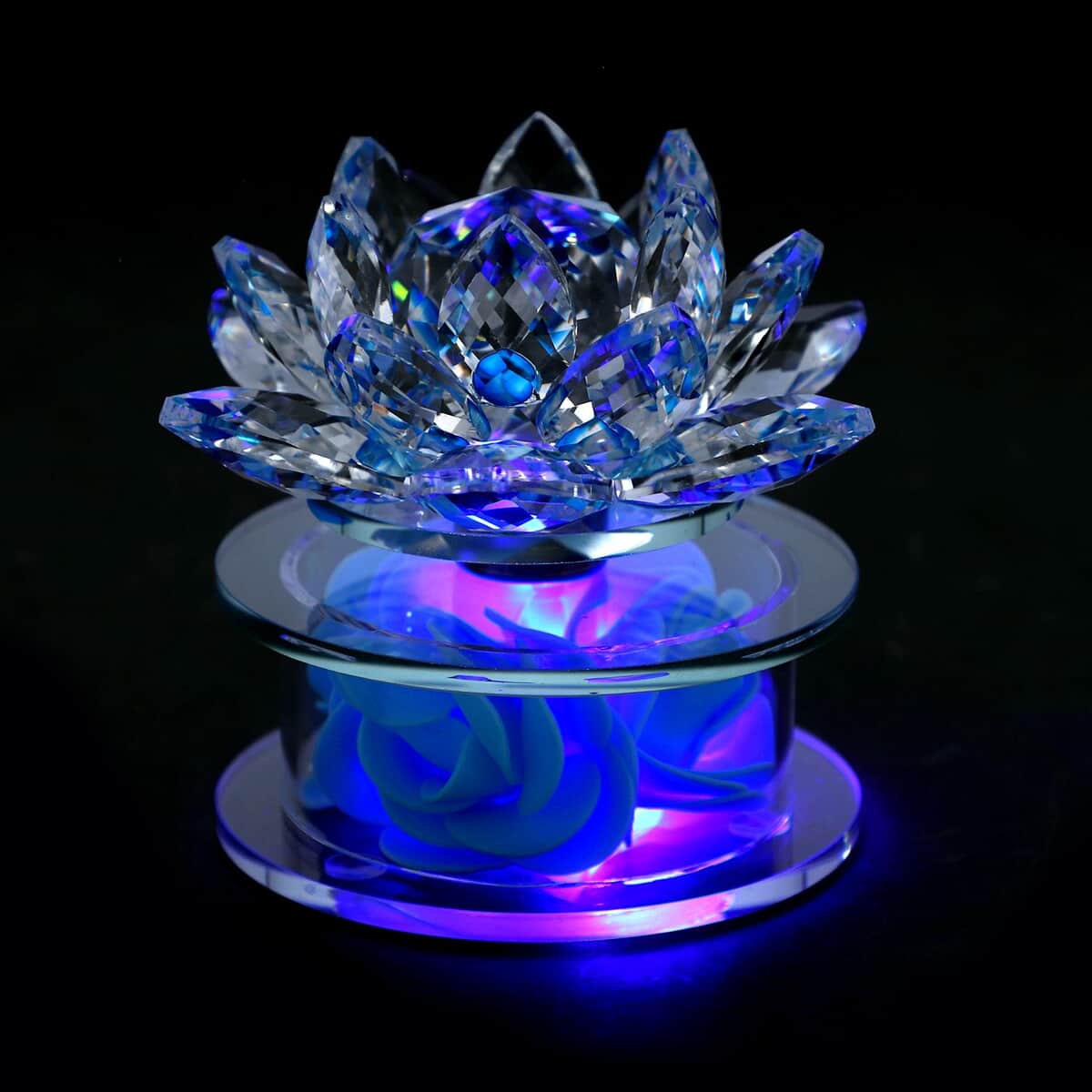 Blue Crystal Lotus Flower in Rotating Base with Multi Color Led Light image number 1