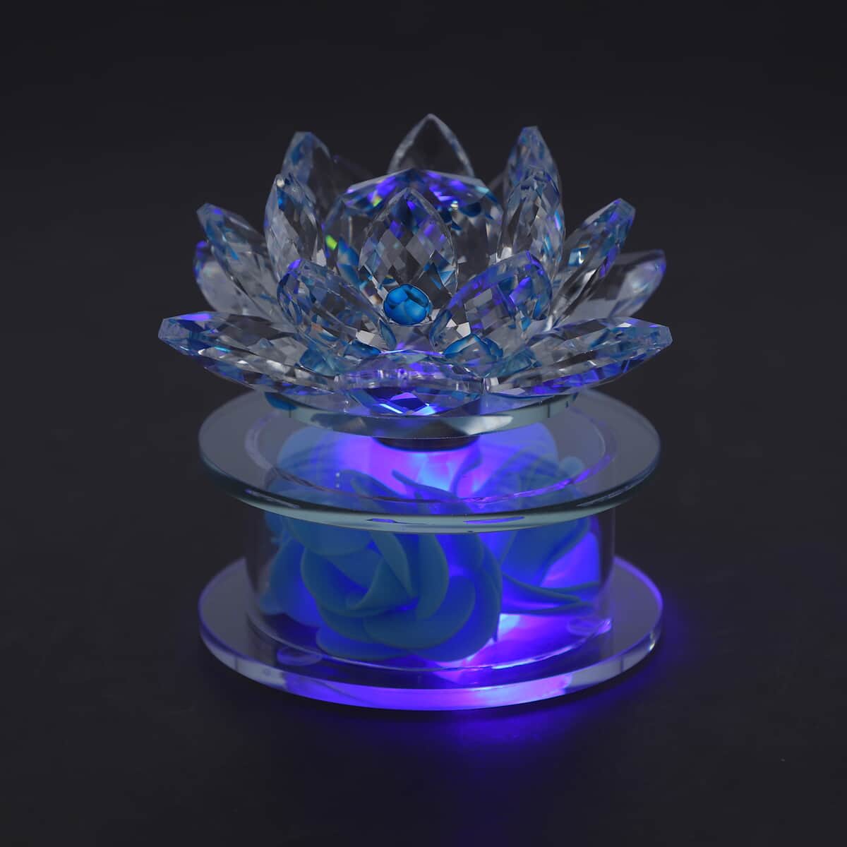 Blue Crystal Lotus Flower in Rotating Base with Multi Color Led Light 4.33"x3.35" image number 6