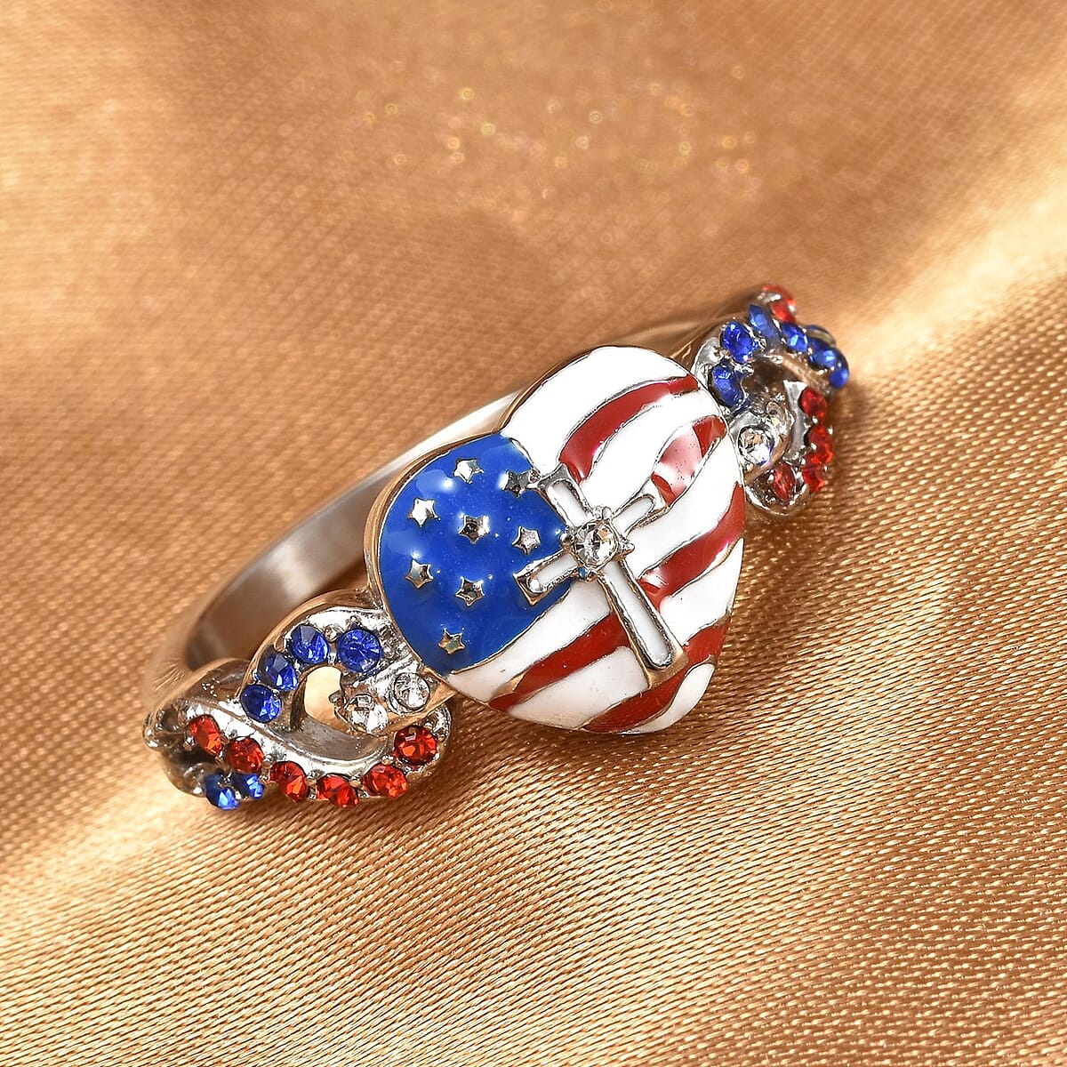 Blue and Red Color Austrian Crystal, Enameled US flag Pattern Infinity Loop Ring in Stainless Steel (Size 8.0) image number 1