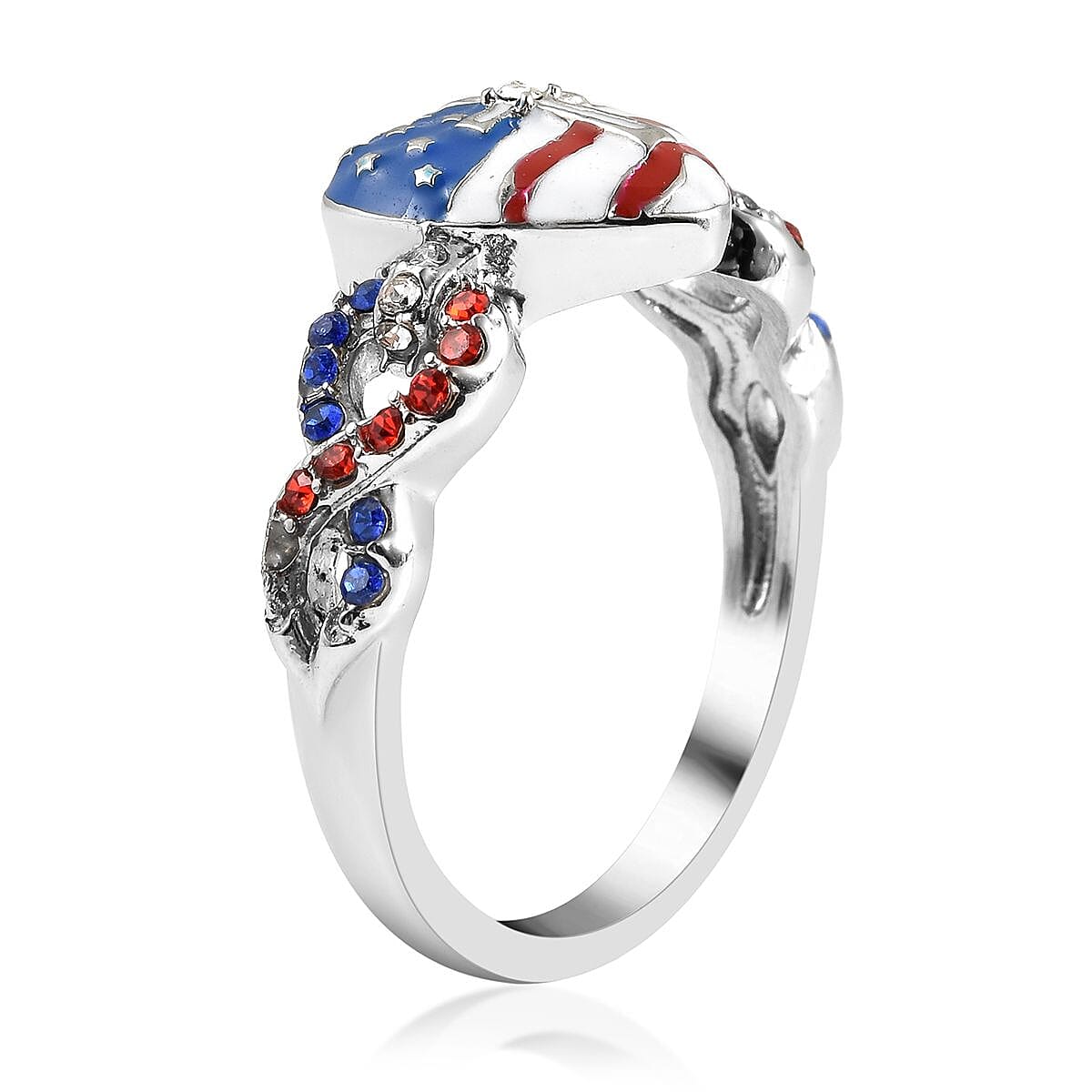 Blue and Red Color Austrian Crystal, Enameled US flag Pattern Infinity Loop Ring in Stainless Steel (Size 8.0) image number 3
