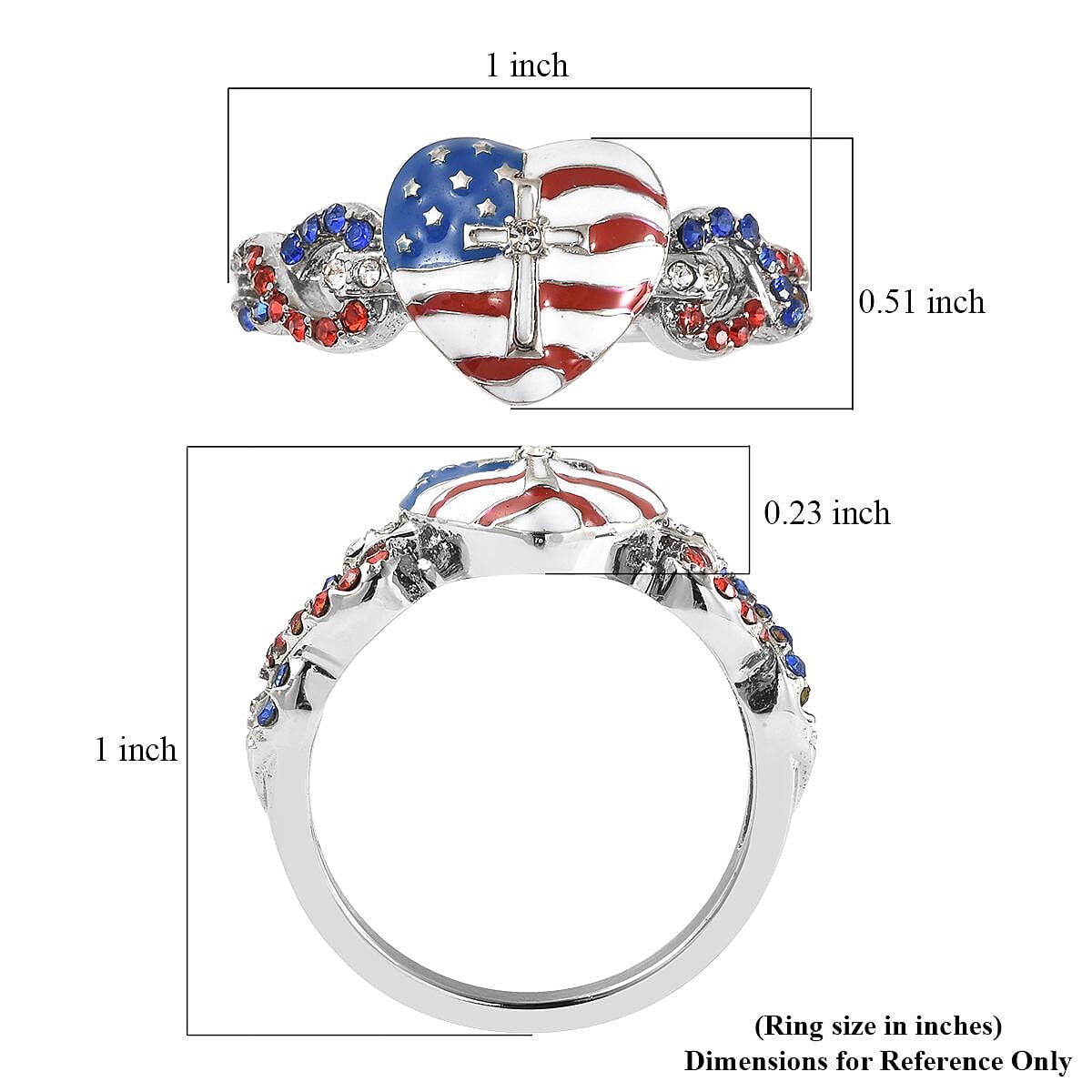 Blue and Red Color Austrian Crystal, Enameled US flag Pattern Infinity Loop Ring in Stainless Steel (Size 8.0) image number 5