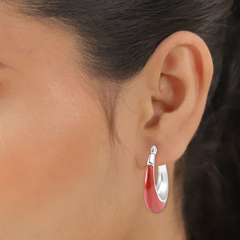 Red Enameled Hoop Earrings in Stainless Steel