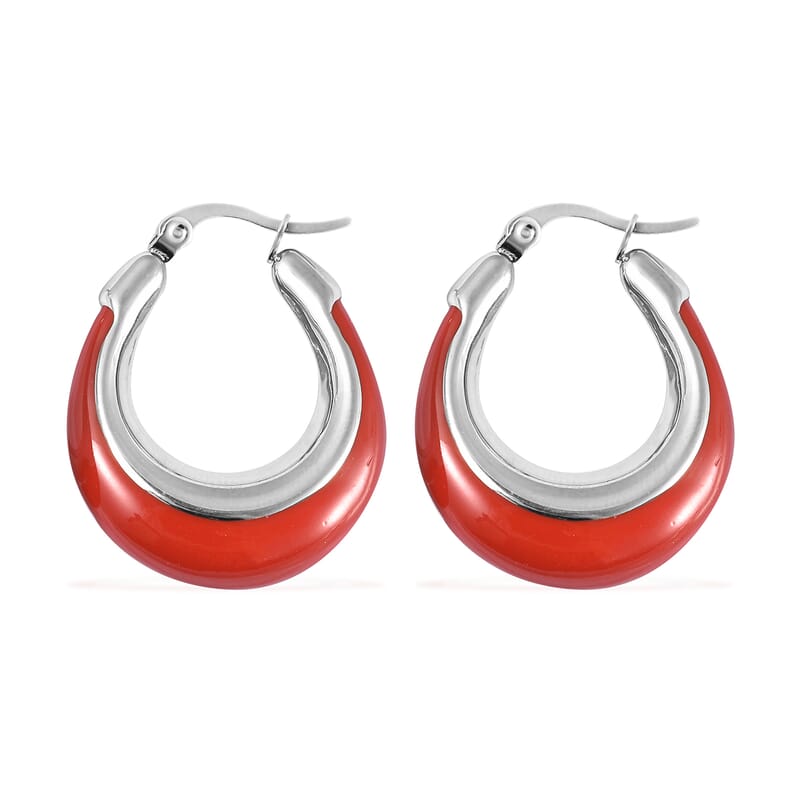Red Enameled Hoop Earrings in Stainless Steel