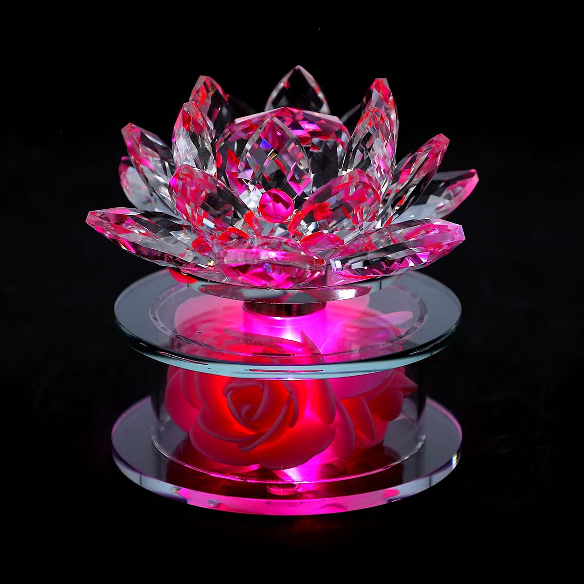 Pink Crystal Lotus Flower in Rotating Base with Multi Color Led Light image number 1