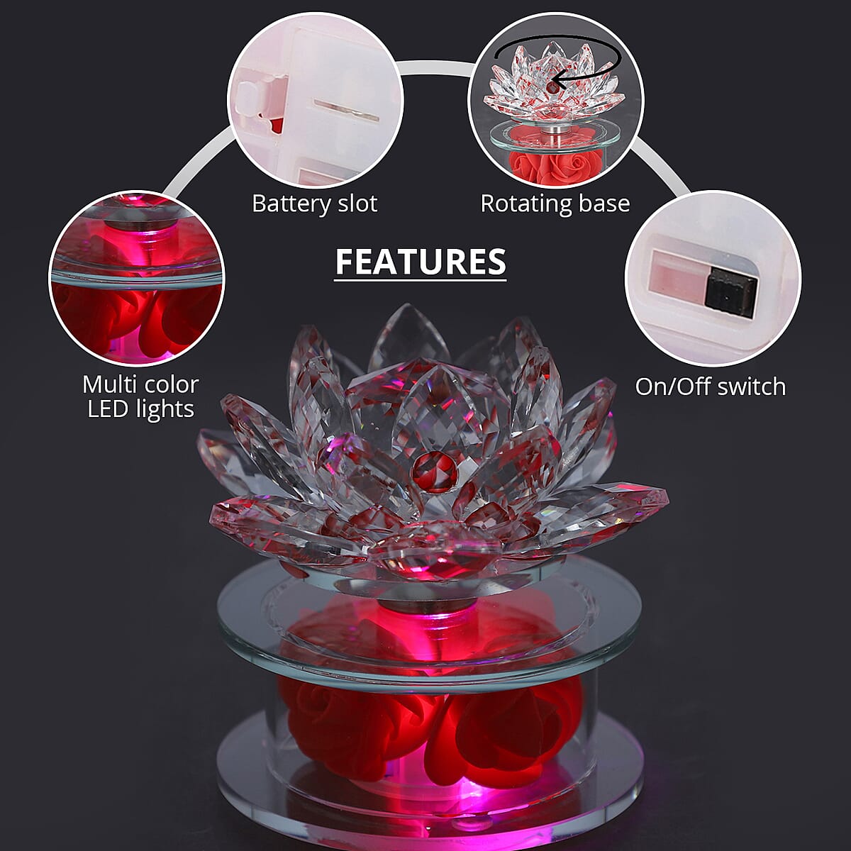 Red Crystal Lotus Flower in Rotating Base with Multi Color Led Light image number 2