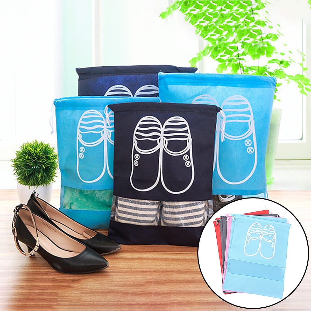 Set of 8 Non-Woven Shoe Bag- Red, Pink, Light Blue, Dark Gray image number 1