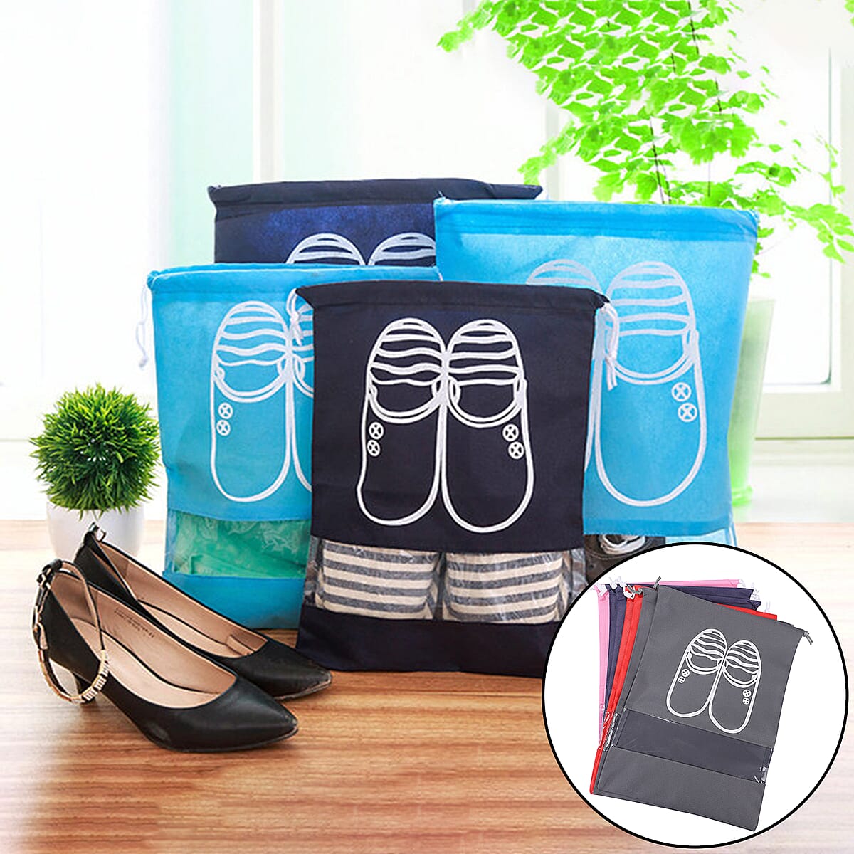 Set of 8 Non-Woven Shoe Bag- Red, Pink, Dark Blue, Dark Gray image number 1