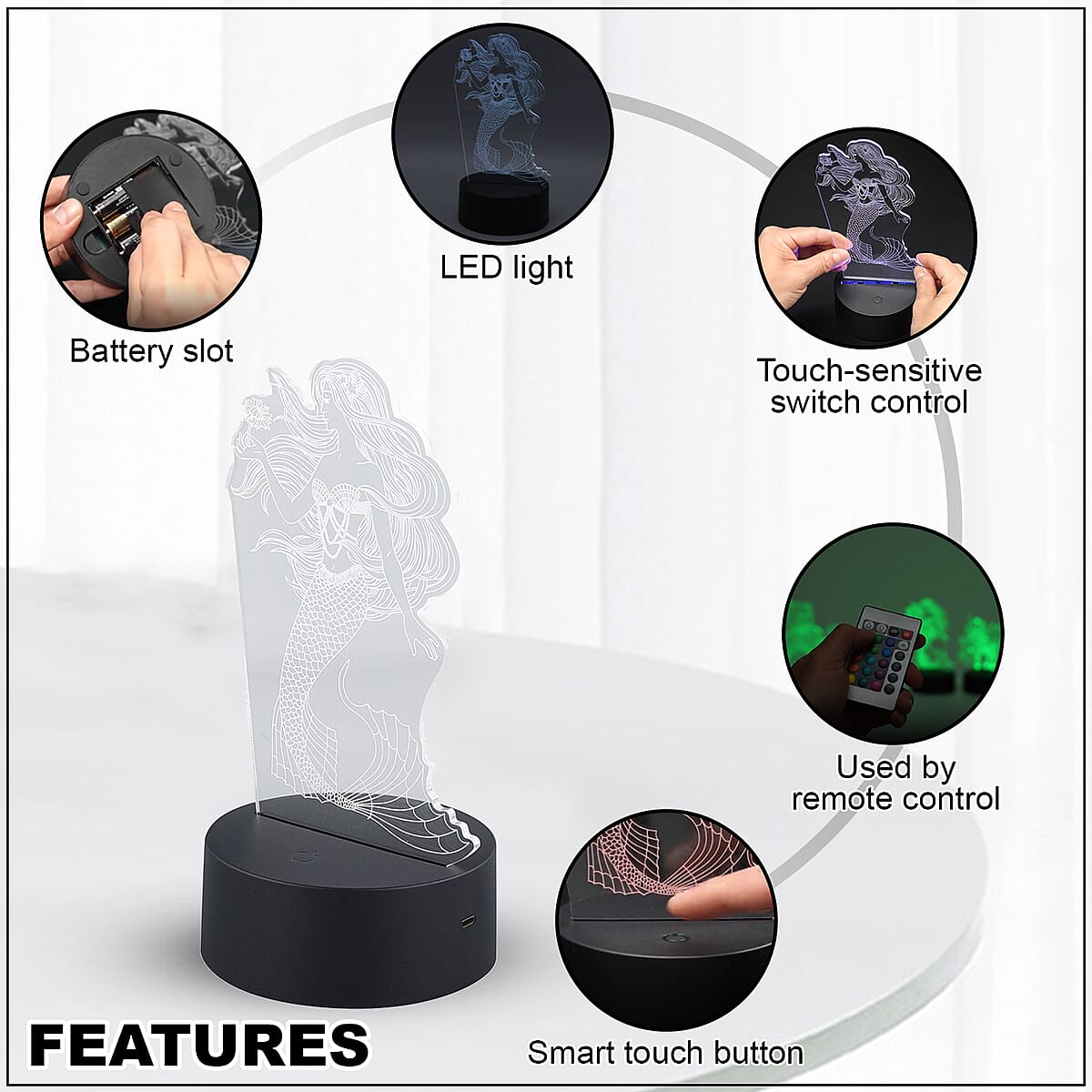 3D LED Night Light Mermaid Shape Lamp with 16 Multicolor Remote Control image number 2