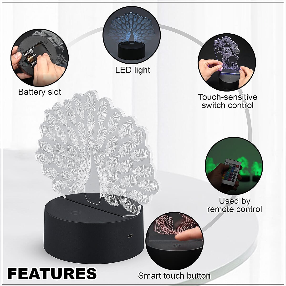 3D LED Night Light Peacock Shape Lamp with 16 Multicolor Remote Control image number 2