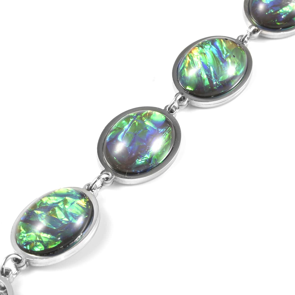 Lab Created Opal and Pink Magic Color Resin Station Bracelet in Stainless Steel (7.50 -9.00In) image number 3