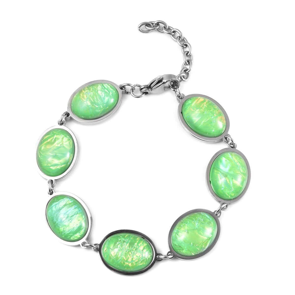 Lab Created Green Color Opal Station Bracelet in Stainless Steel (7.50 -9.00In) image number 0
