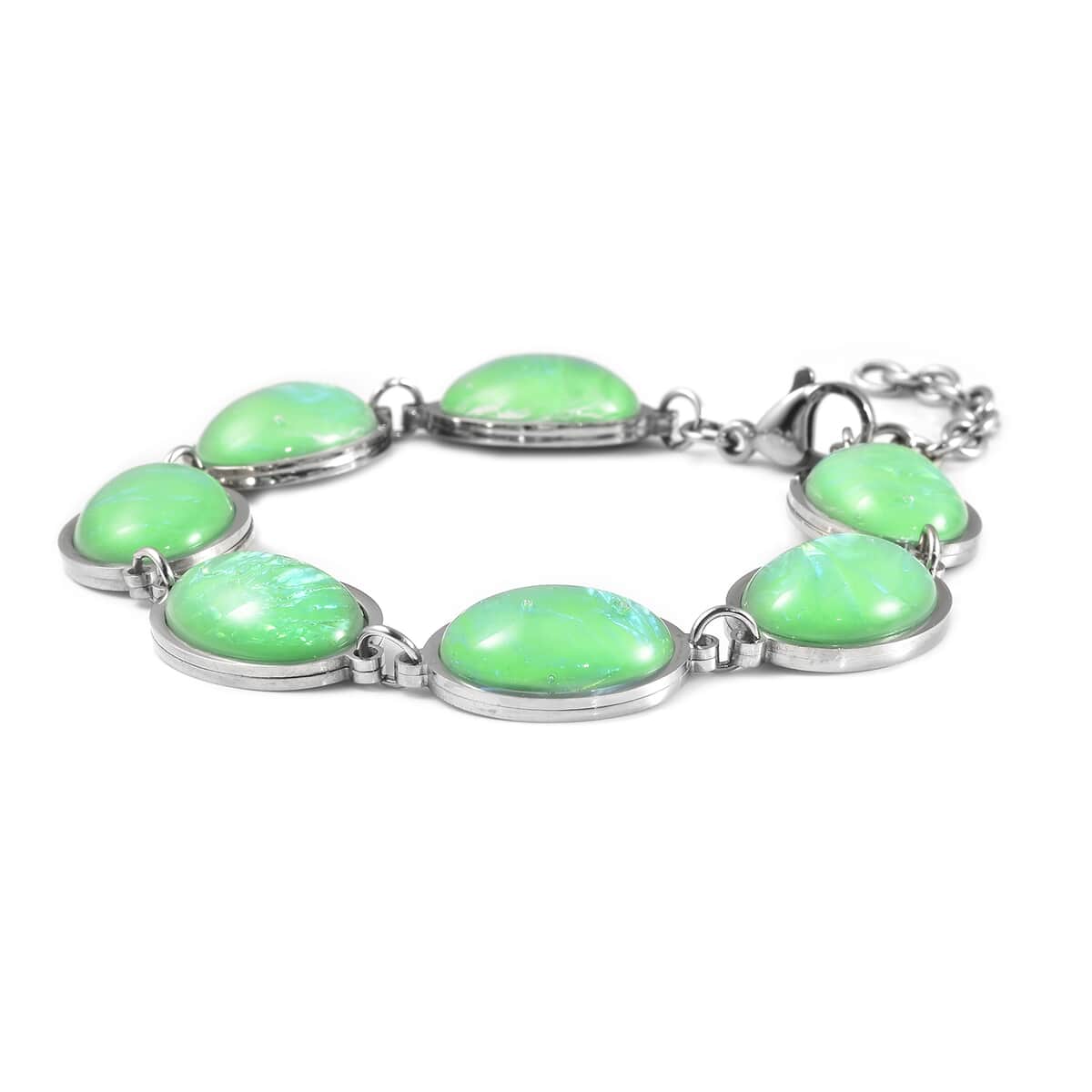 Lab Created Green Color Opal Station Bracelet in Stainless Steel (7.50 -9.00In) image number 2