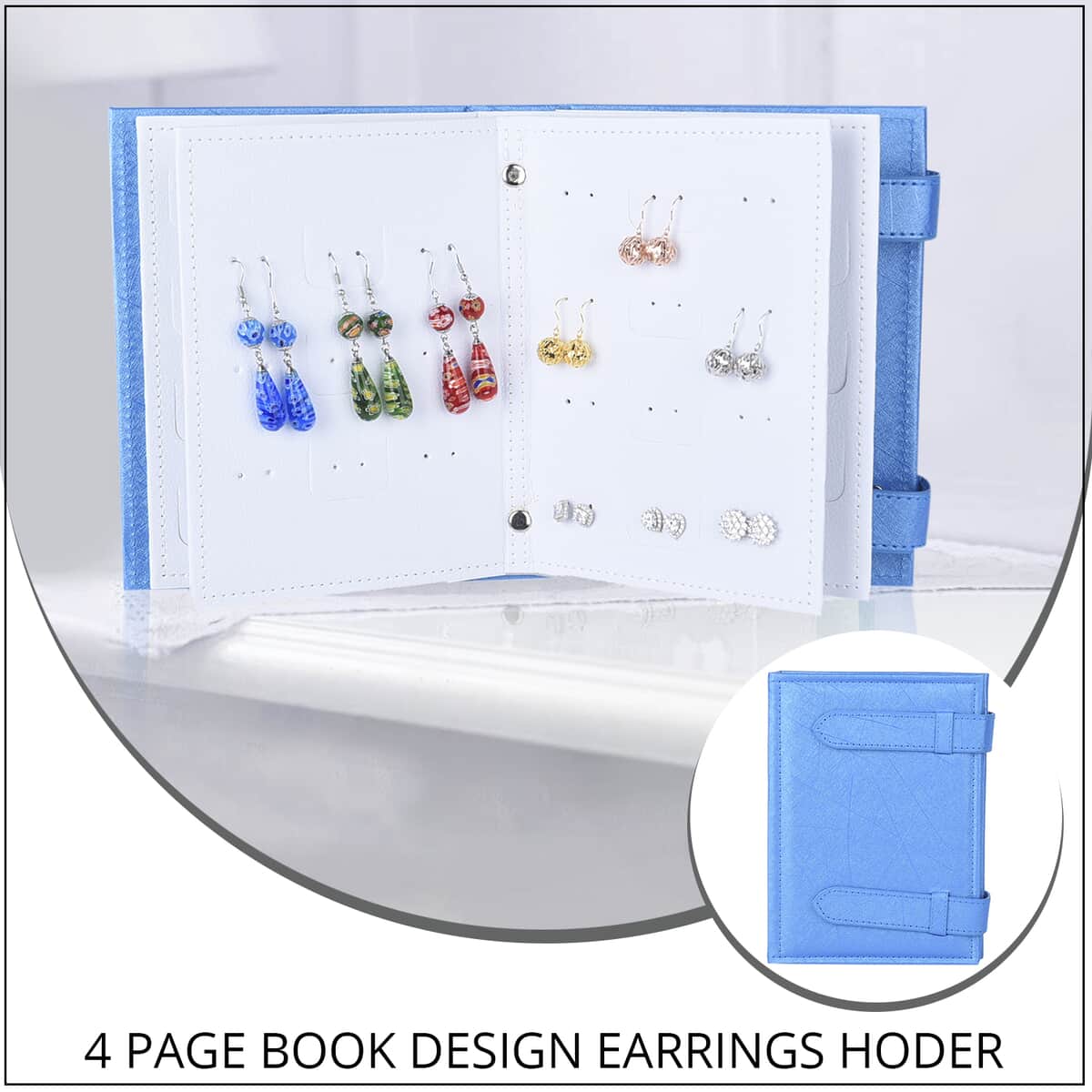 Blue Faux Leather 4 Page Book Design Earrings Hoder (7.28"x5.31"x1.57") image number 1