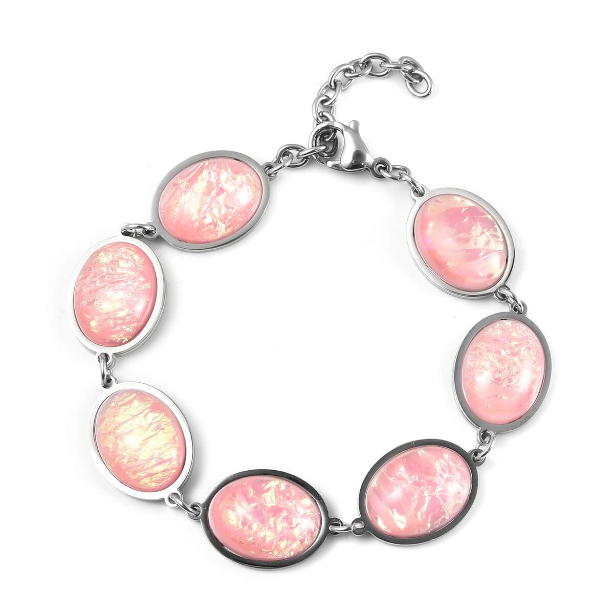Lab Created Pink Color Opal Station Bracelet in Stainless Steel (7.50 -9.00In) image number 0