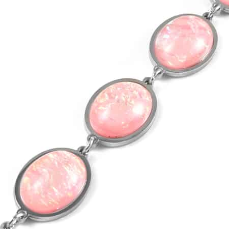Lab Created Pink Color Opal Station Bracelet in Stainless Steel (7.50 -9.00In) image number 3