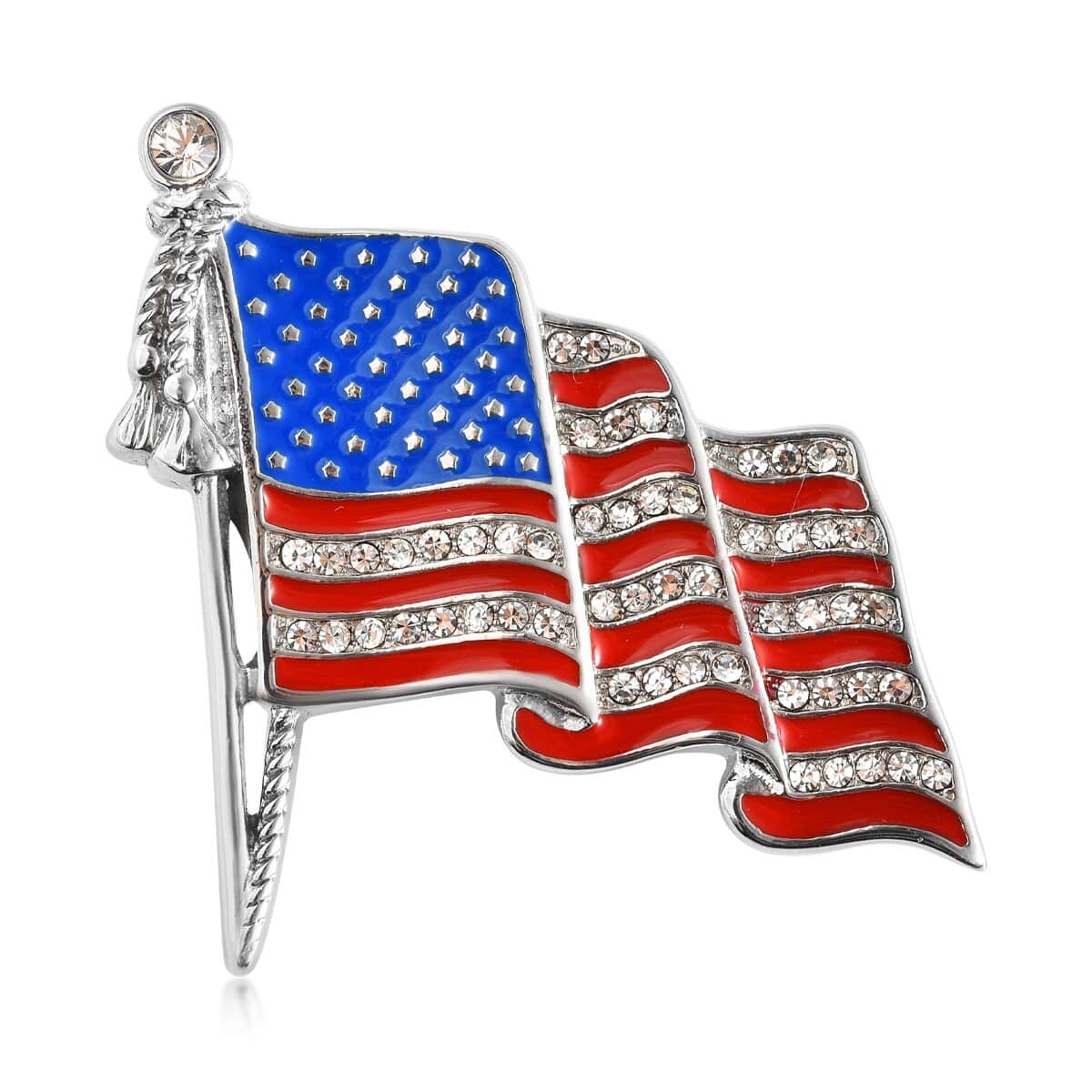 White Austrian Crystal and Enameled American National Flag Brooch in Stainless Steel image number 0