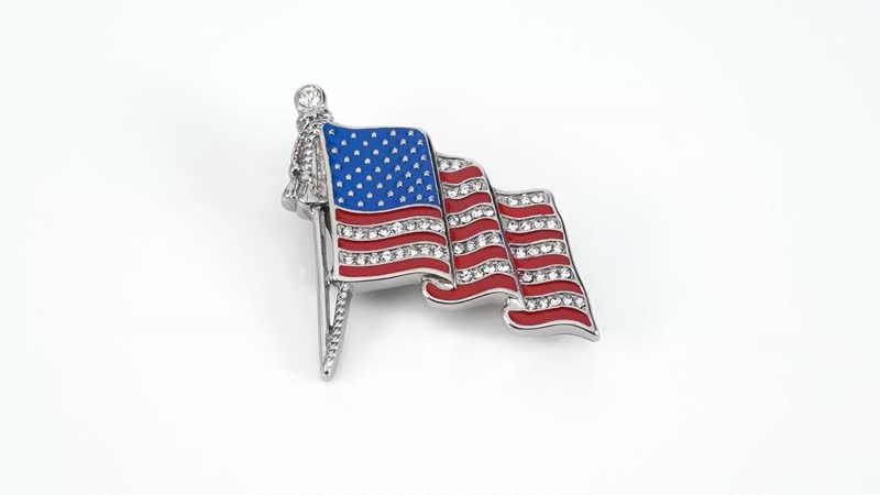 White Austrian Crystal and Enameled American National Flag Brooch in Stainless Steel