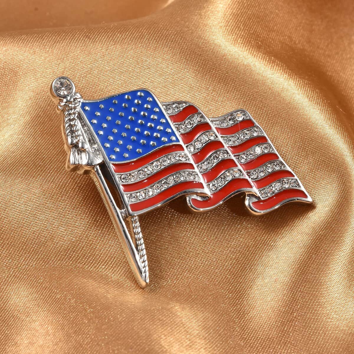 White Austrian Crystal and Enameled American National Flag Brooch in Stainless Steel image number 1