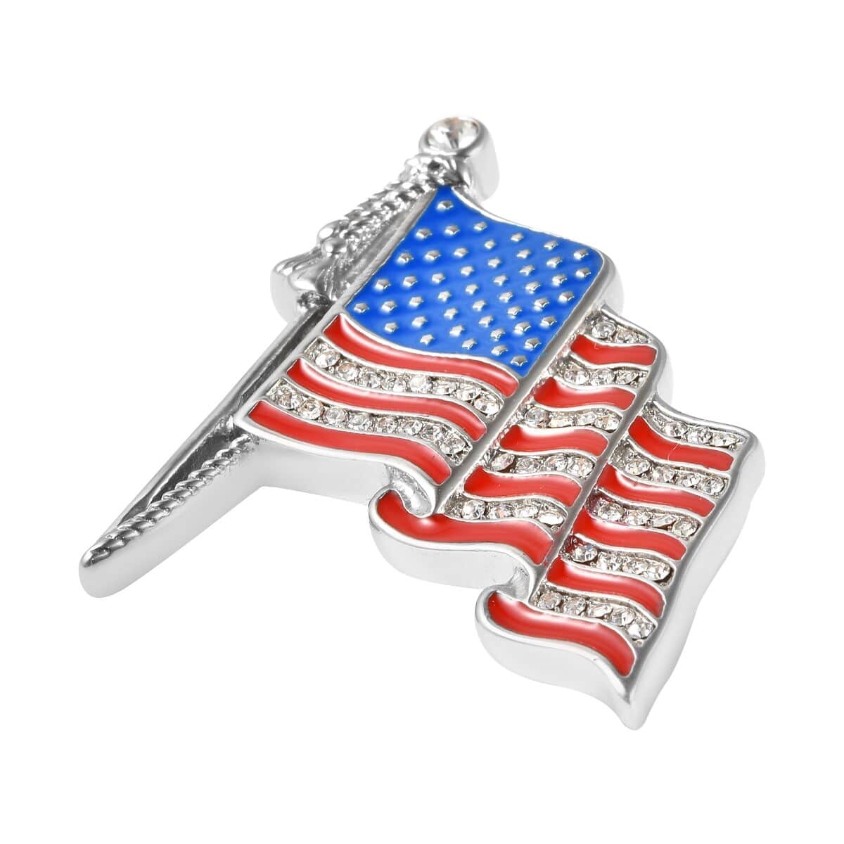 White Austrian Crystal and Enameled American National Flag Brooch in Stainless Steel image number 2