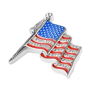White Austrian Crystal and Enameled American National Flag Brooch in Stainless Steel