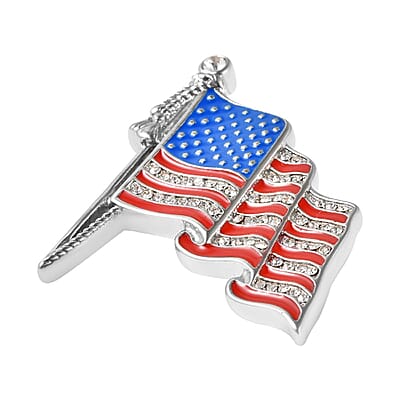 White Austrian Crystal and Enameled American National Flag Brooch in Stainless Steel