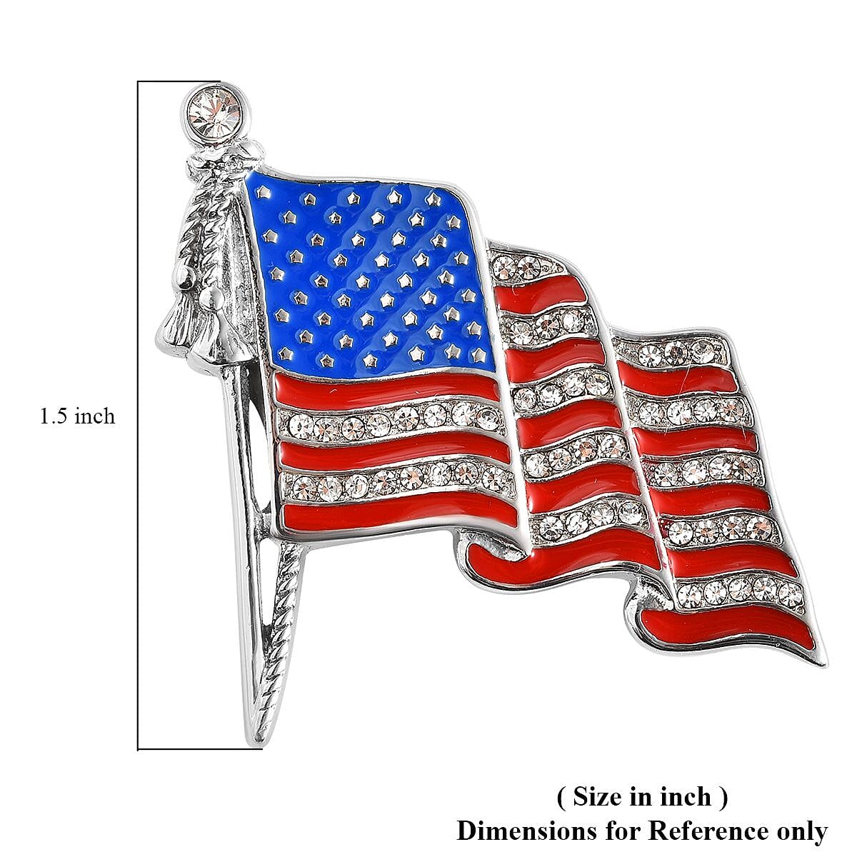 White Austrian Crystal and Enameled American National Flag Brooch in Stainless Steel