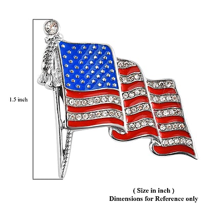 White Austrian Crystal and Enameled American National Flag Brooch in Stainless Steel