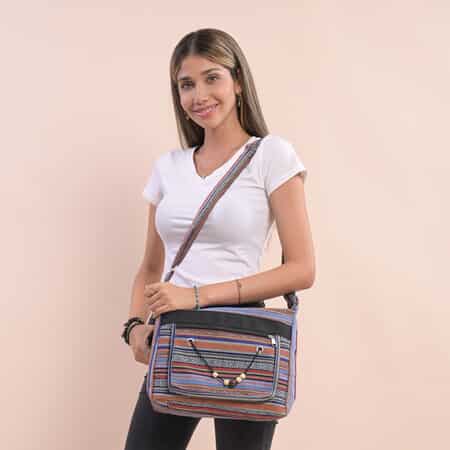 Multi Blue Tribal Pattern 65% Polyester and 35% Cotton Crossbody Bag with Shoulder Strap image number 1