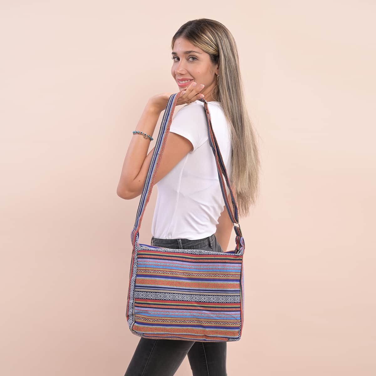 Multi Blue Tribal Pattern 65% Polyester and 35% Cotton Crossbody Bag (12"x3.5"x10") with Shoulder Strap (47") image number 2