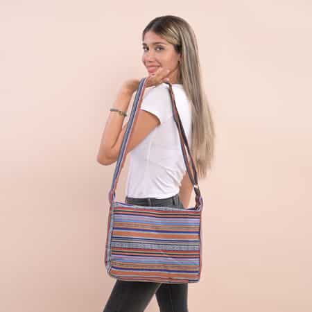 Multi Blue Tribal Pattern 65% Polyester and 35% Cotton Crossbody Bag with Shoulder Strap image number 2